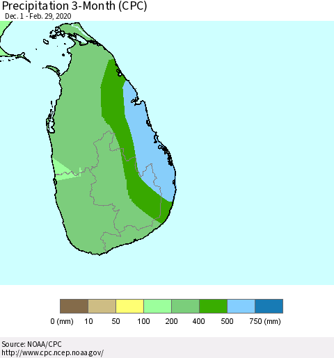 Sri Lanka Precipitation 3-Month (CPC) Thematic Map For 12/1/2019 - 2/29/2020