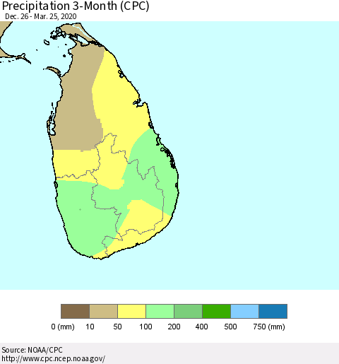 Sri Lanka Precipitation 3-Month (CPC) Thematic Map For 12/26/2019 - 3/25/2020