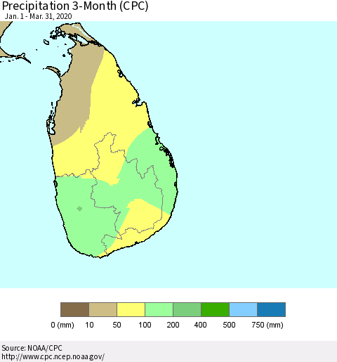 Sri Lanka Precipitation 3-Month (CPC) Thematic Map For 1/1/2020 - 3/31/2020
