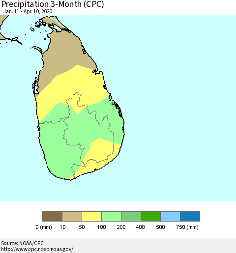 Sri Lanka Precipitation 3-Month (CPC) Thematic Map For 1/11/2020 - 4/10/2020