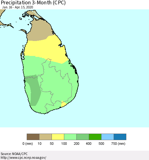 Sri Lanka Precipitation 3-Month (CPC) Thematic Map For 1/16/2020 - 4/15/2020
