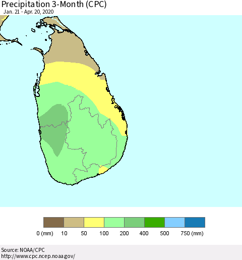 Sri Lanka Precipitation 3-Month (CPC) Thematic Map For 1/21/2020 - 4/20/2020