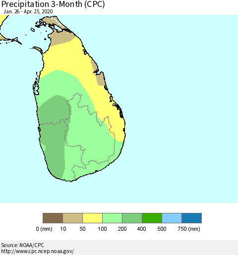Sri Lanka Precipitation 3-Month (CPC) Thematic Map For 1/26/2020 - 4/25/2020