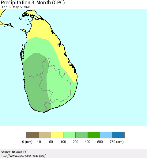 Sri Lanka Precipitation 3-Month (CPC) Thematic Map For 2/6/2020 - 5/5/2020