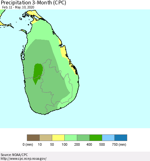 Sri Lanka Precipitation 3-Month (CPC) Thematic Map For 2/11/2020 - 5/10/2020