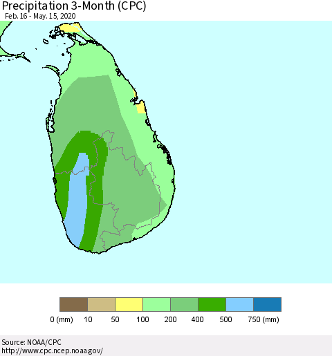 Sri Lanka Precipitation 3-Month (CPC) Thematic Map For 2/16/2020 - 5/15/2020