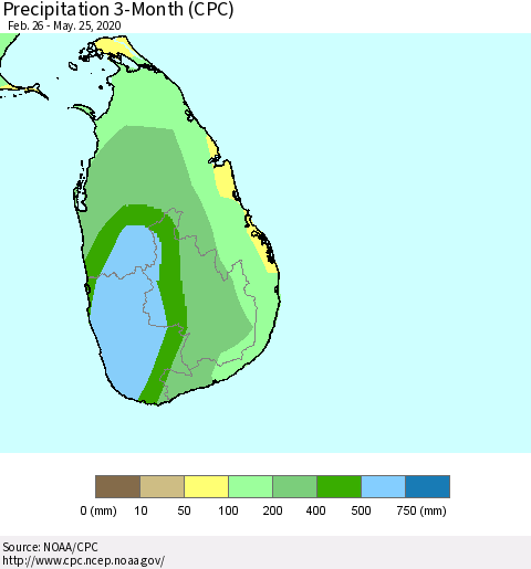 Sri Lanka Precipitation 3-Month (CPC) Thematic Map For 2/26/2020 - 5/25/2020