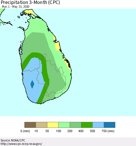 Sri Lanka Precipitation 3-Month (CPC) Thematic Map For 3/1/2020 - 5/31/2020