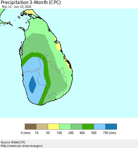 Sri Lanka Precipitation 3-Month (CPC) Thematic Map For 3/11/2020 - 6/10/2020