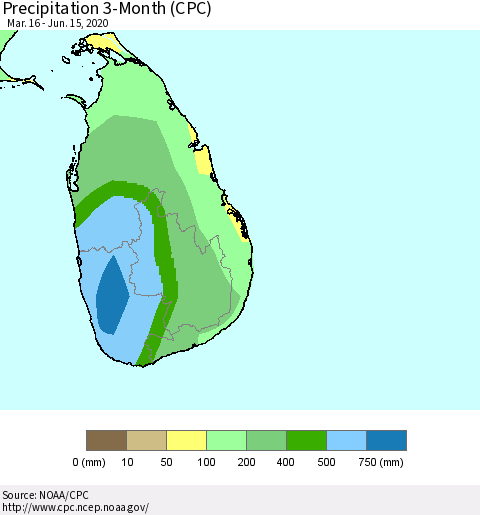 Sri Lanka Precipitation 3-Month (CPC) Thematic Map For 3/16/2020 - 6/15/2020