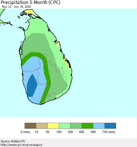 Sri Lanka Precipitation 3-Month (CPC) Thematic Map For 3/21/2020 - 6/20/2020