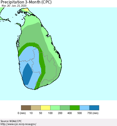Sri Lanka Precipitation 3-Month (CPC) Thematic Map For 3/26/2020 - 6/25/2020