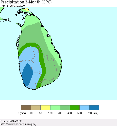 Sri Lanka Precipitation 3-Month (CPC) Thematic Map For 4/1/2020 - 6/30/2020