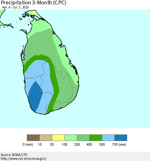 Sri Lanka Precipitation 3-Month (CPC) Thematic Map For 4/6/2020 - 7/5/2020