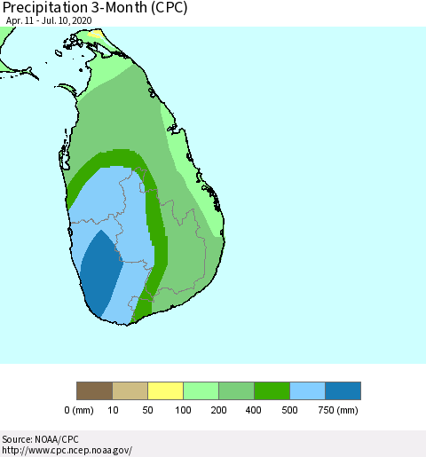 Sri Lanka Precipitation 3-Month (CPC) Thematic Map For 4/11/2020 - 7/10/2020