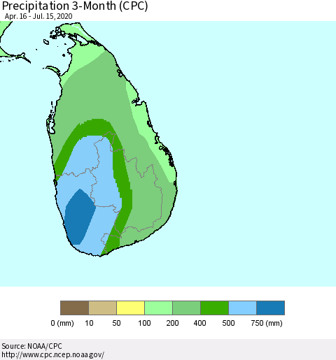 Sri Lanka Precipitation 3-Month (CPC) Thematic Map For 4/16/2020 - 7/15/2020