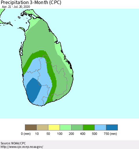 Sri Lanka Precipitation 3-Month (CPC) Thematic Map For 4/21/2020 - 7/20/2020