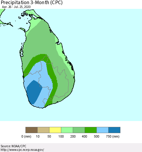 Sri Lanka Precipitation 3-Month (CPC) Thematic Map For 4/26/2020 - 7/25/2020