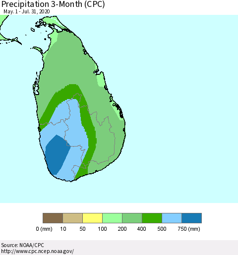 Sri Lanka Precipitation 3-Month (CPC) Thematic Map For 5/1/2020 - 7/31/2020