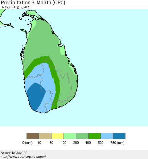 Sri Lanka Precipitation 3-Month (CPC) Thematic Map For 5/6/2020 - 8/5/2020