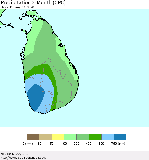 Sri Lanka Precipitation 3-Month (CPC) Thematic Map For 5/11/2020 - 8/10/2020