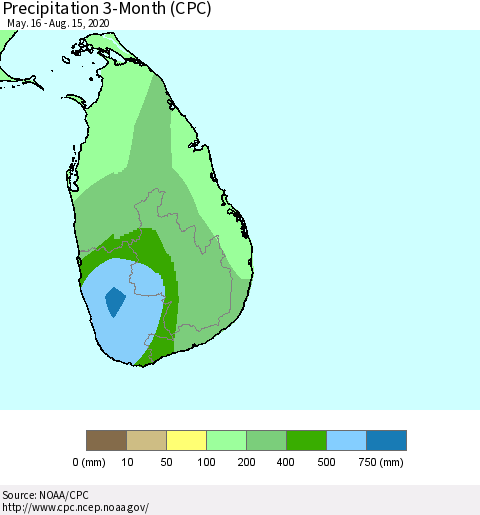 Sri Lanka Precipitation 3-Month (CPC) Thematic Map For 5/16/2020 - 8/15/2020