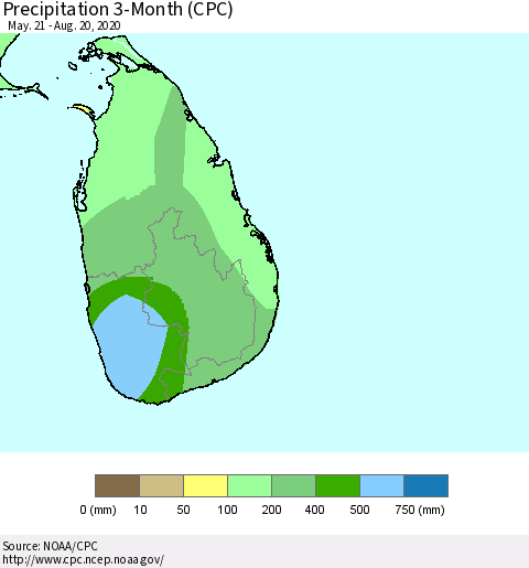 Sri Lanka Precipitation 3-Month (CPC) Thematic Map For 5/21/2020 - 8/20/2020