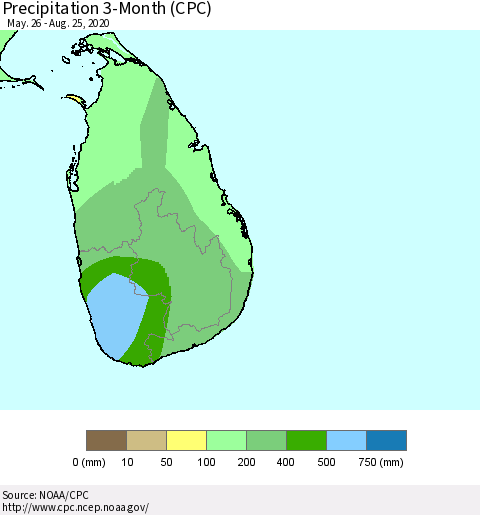 Sri Lanka Precipitation 3-Month (CPC) Thematic Map For 5/26/2020 - 8/25/2020