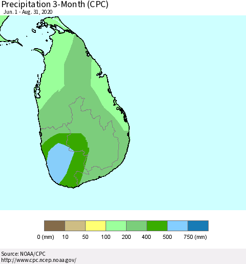 Sri Lanka Precipitation 3-Month (CPC) Thematic Map For 6/1/2020 - 8/31/2020