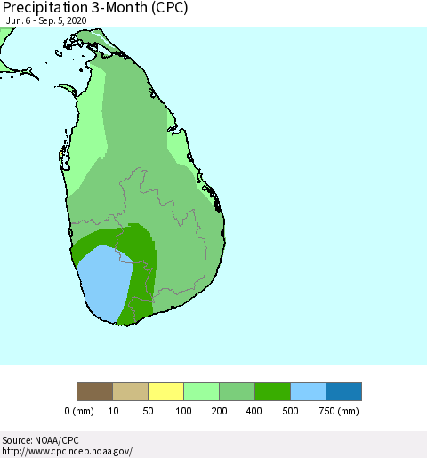 Sri Lanka Precipitation 3-Month (CPC) Thematic Map For 6/6/2020 - 9/5/2020