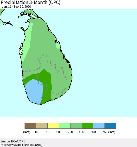 Sri Lanka Precipitation 3-Month (CPC) Thematic Map For 6/11/2020 - 9/10/2020