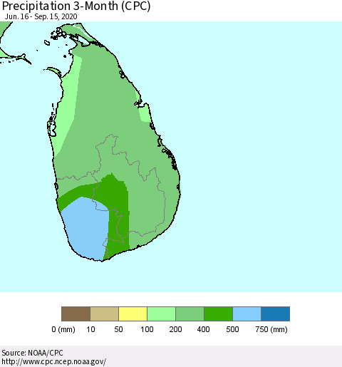 Sri Lanka Precipitation 3-Month (CPC) Thematic Map For 6/16/2020 - 9/15/2020