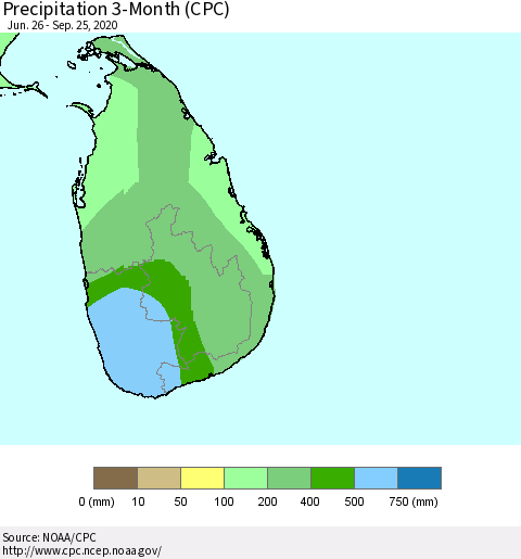 Sri Lanka Precipitation 3-Month (CPC) Thematic Map For 6/26/2020 - 9/25/2020