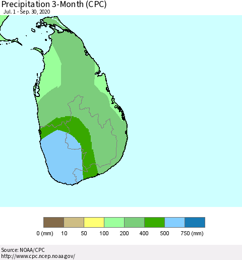 Sri Lanka Precipitation 3-Month (CPC) Thematic Map For 7/1/2020 - 9/30/2020