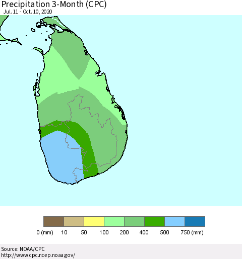 Sri Lanka Precipitation 3-Month (CPC) Thematic Map For 7/11/2020 - 10/10/2020