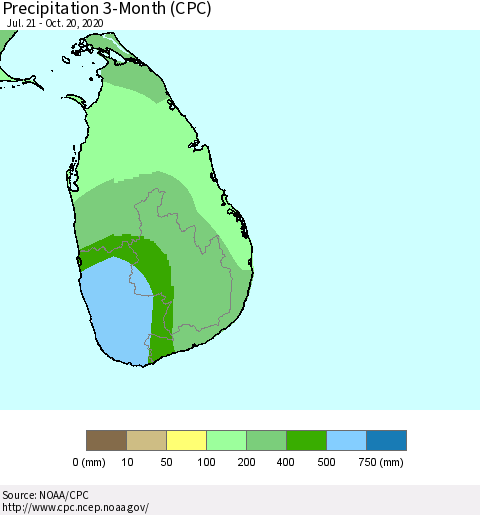 Sri Lanka Precipitation 3-Month (CPC) Thematic Map For 7/21/2020 - 10/20/2020