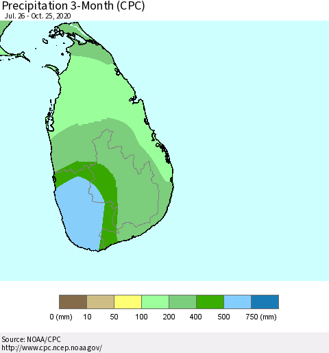 Sri Lanka Precipitation 3-Month (CPC) Thematic Map For 7/26/2020 - 10/25/2020
