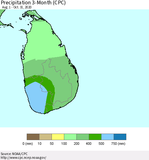 Sri Lanka Precipitation 3-Month (CPC) Thematic Map For 8/1/2020 - 10/31/2020