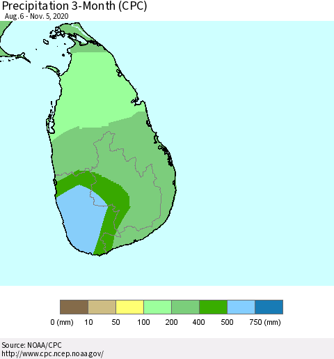 Sri Lanka Precipitation 3-Month (CPC) Thematic Map For 8/6/2020 - 11/5/2020