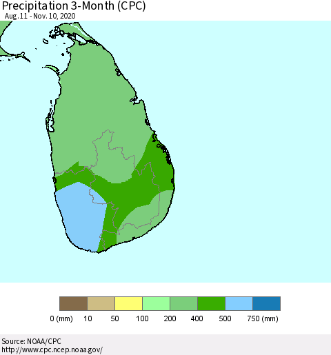 Sri Lanka Precipitation 3-Month (CPC) Thematic Map For 8/11/2020 - 11/10/2020