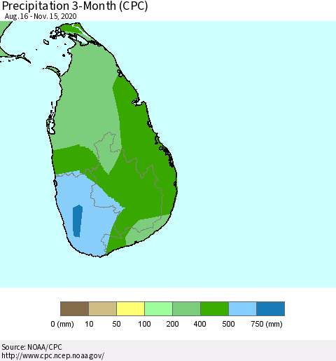 Sri Lanka Precipitation 3-Month (CPC) Thematic Map For 8/16/2020 - 11/15/2020