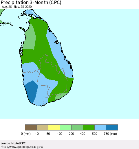 Sri Lanka Precipitation 3-Month (CPC) Thematic Map For 8/26/2020 - 11/25/2020