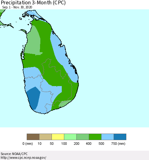 Sri Lanka Precipitation 3-Month (CPC) Thematic Map For 9/1/2020 - 11/30/2020
