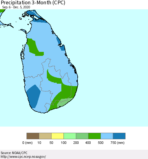Sri Lanka Precipitation 3-Month (CPC) Thematic Map For 9/6/2020 - 12/5/2020