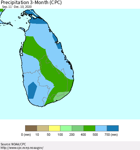 Sri Lanka Precipitation 3-Month (CPC) Thematic Map For 9/11/2020 - 12/10/2020