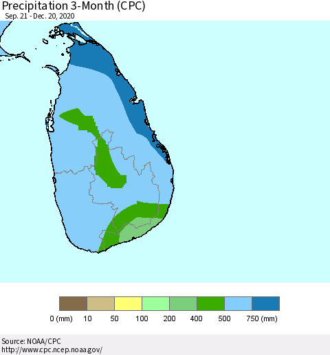 Sri Lanka Precipitation 3-Month (CPC) Thematic Map For 9/21/2020 - 12/20/2020