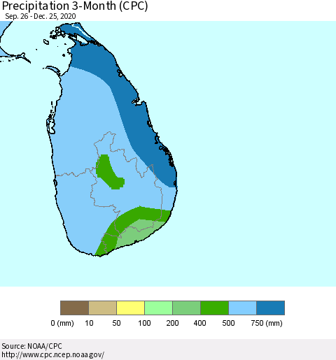 Sri Lanka Precipitation 3-Month (CPC) Thematic Map For 9/26/2020 - 12/25/2020