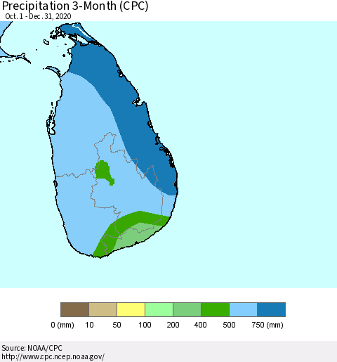 Sri Lanka Precipitation 3-Month (CPC) Thematic Map For 10/1/2020 - 12/31/2020