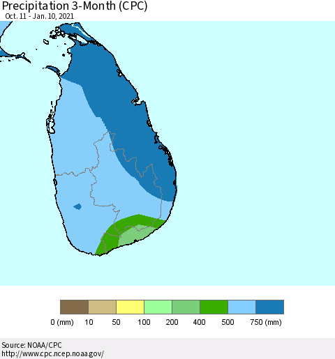 Sri Lanka Precipitation 3-Month (CPC) Thematic Map For 10/11/2020 - 1/10/2021