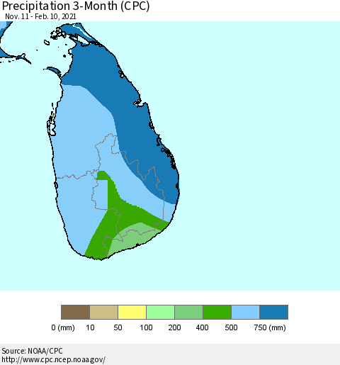 Sri Lanka Precipitation 3-Month (CPC) Thematic Map For 11/11/2020 - 2/10/2021